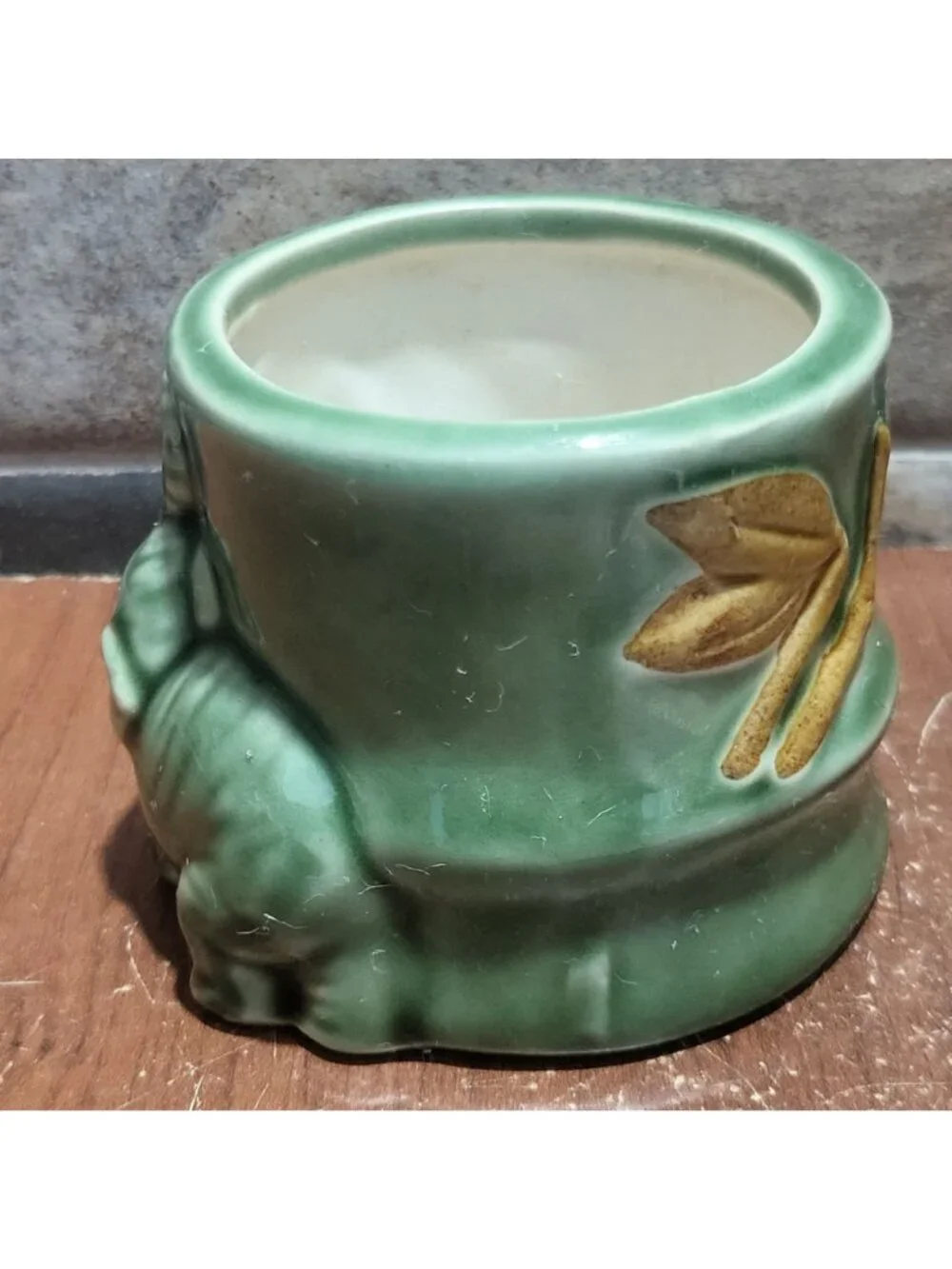 Vintage Majolica Green Ceramic Elephant Trunk Up Planter Pot Mid Century Decor